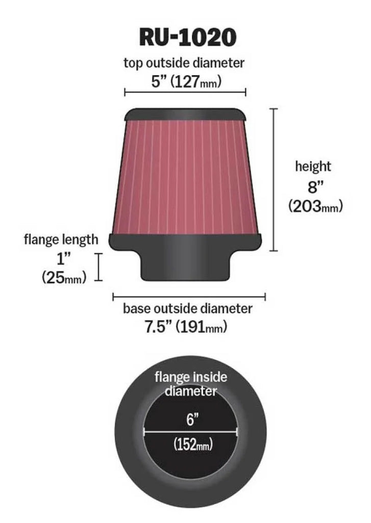 K&N Universal Tapered Filter 6in Flange ID x 7.5in Base OD x 5in Top OD x 8in Height - Side View
