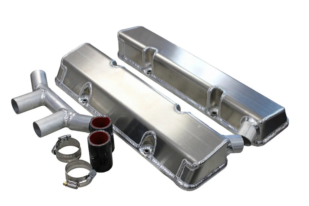 Kevko Racing Oil Pans and Components SBC Fab Valve Cover Set Dual Crossover Breather VC208-5CO2