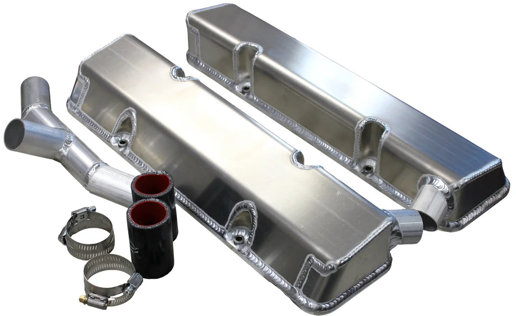 Kevko Racing Oil Pans and Components SBC Fab Valve Cover Set Sgl Crossover Breather VC208-5CO1