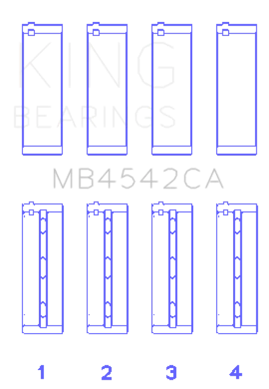 King Nissan VQ20DE, VQ25DD, VQ30DE/DD/DET, VQ35DE (Size +0.5mm) Crankshaft Main Bearing (Set of 4) - Side View