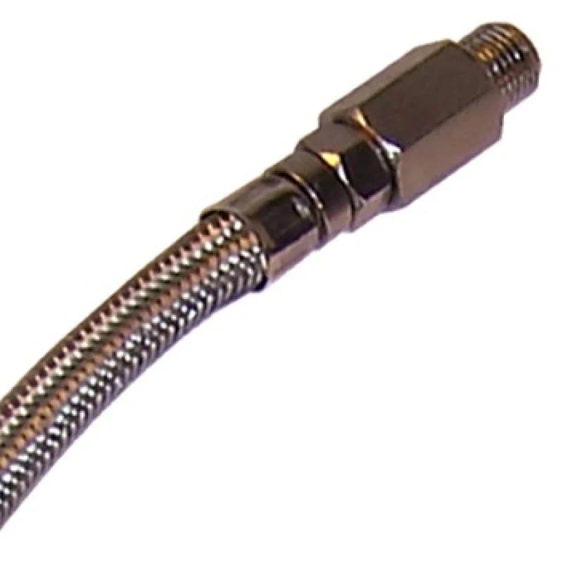 Kleinn 18In Stainless Steel Braided Leader Hose w/ Check Valve-1/4In M NPT Inlet/ 1/4In M NPT Outlet - Detail View