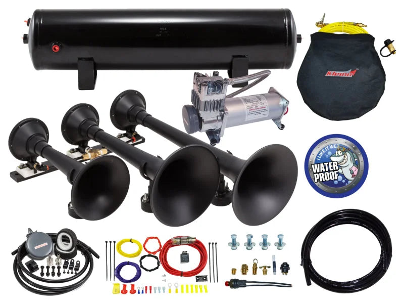 Kleinn Triple Black Horn Kit w/150 PSI Waterproof 3.0 gal Air Tank - Side View