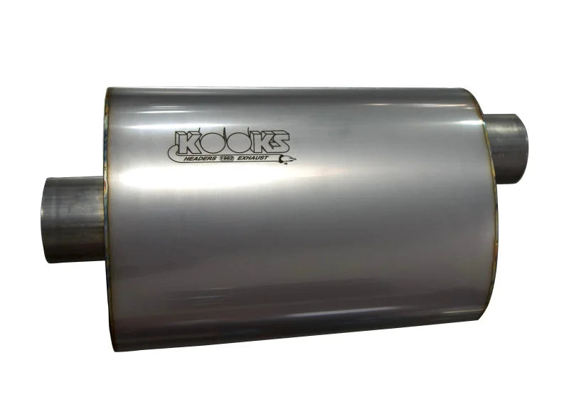 Kooks 2.5in. Oval Center/Offset Muffler 12in. Long Body Stainless Steel - Side View