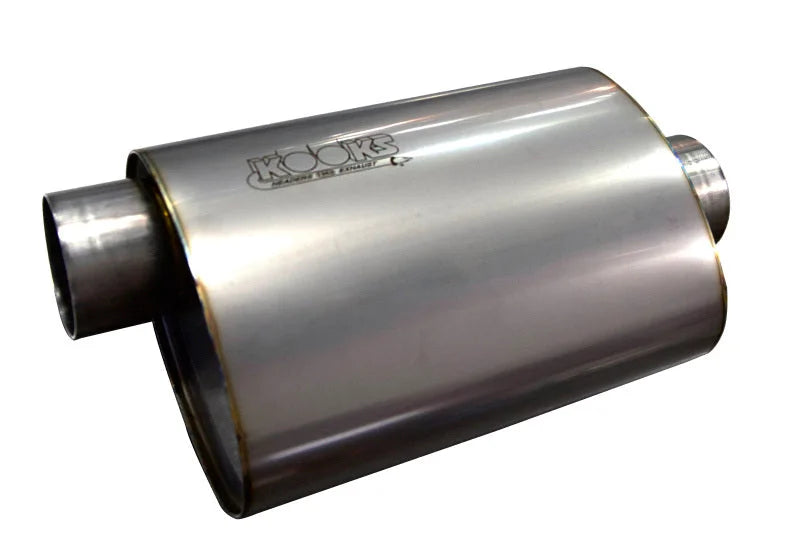 Kooks 3in Oval Center/Offset Muffler 12in Long Body Stainless Steel - Side View