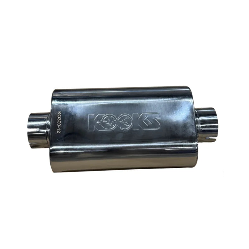 Kooks 3in Oval Clamp In Center/Center Muffler 12in Long Body Polished Stainless Steel - Detail View