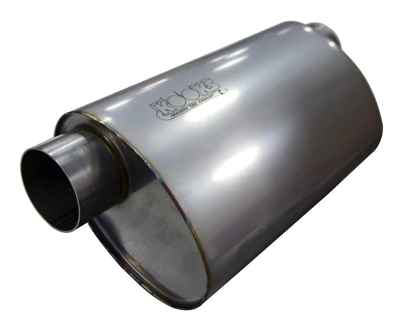 Kooks 3in Oval Offset/Offset (Same Side) Muffler 14in Long Body Stainless Steel - Detail View
