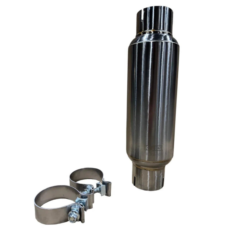 Kooks 3in Round Clamp In Muffler 10in Long Body Polished Stainless Steel - Side View