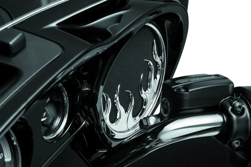 Kuryakyn Flame Speaker Grills For 14-Up Touring Models Chrome - Back View