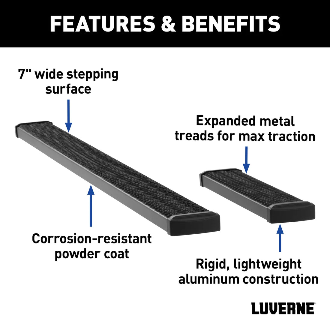 LUVERNE Grip Step 7" x 36", 100" Black Aluminum Running Boards, Select Ram ProMaster 415100-401477 - Back View