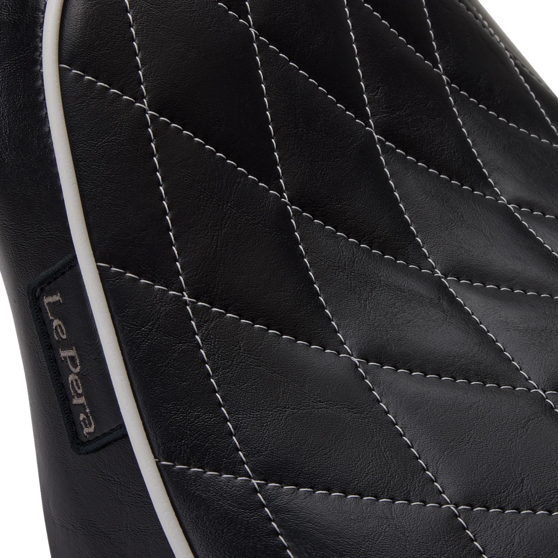 Le Pera Bare Bones Solo Seat - Diamond Stitch w/ White Stitching/Piping - Black - Softail '18-'23 LYX-007DMWTP - Side View