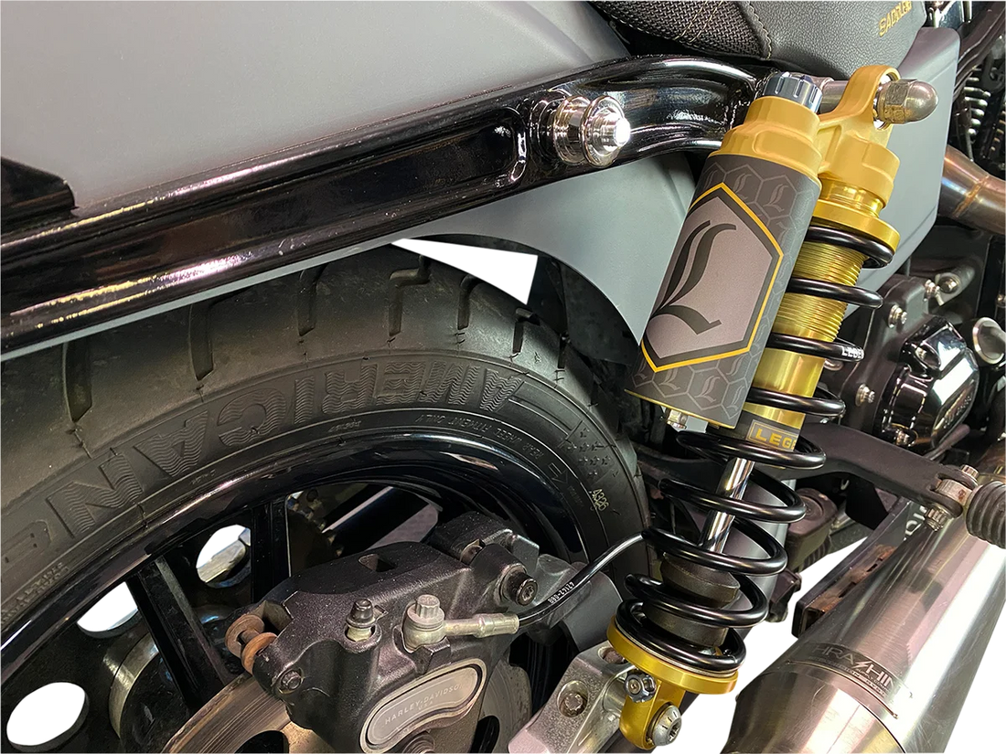 Legend Suspension REVO ARC Piggyback Shocks - Heavy Duty - Gold - 14" fits 1984-2000 Harley-Davidson FXR - Back View