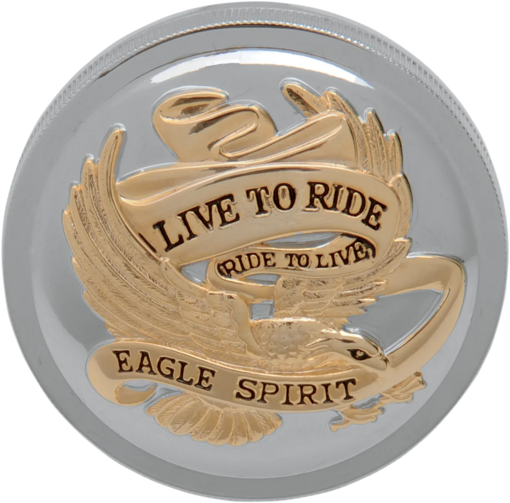 "Live to Ride" Gas Cap - Vented - Chrome with Gold DragSpecialties 72647 - Main Product View