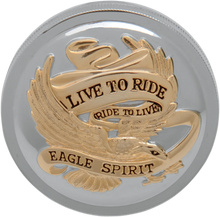 Load image into Gallery viewer, "Live to Ride" Gas Cap - Vented - Chrome with Gold DragSpecialties 72647 - Main Product View