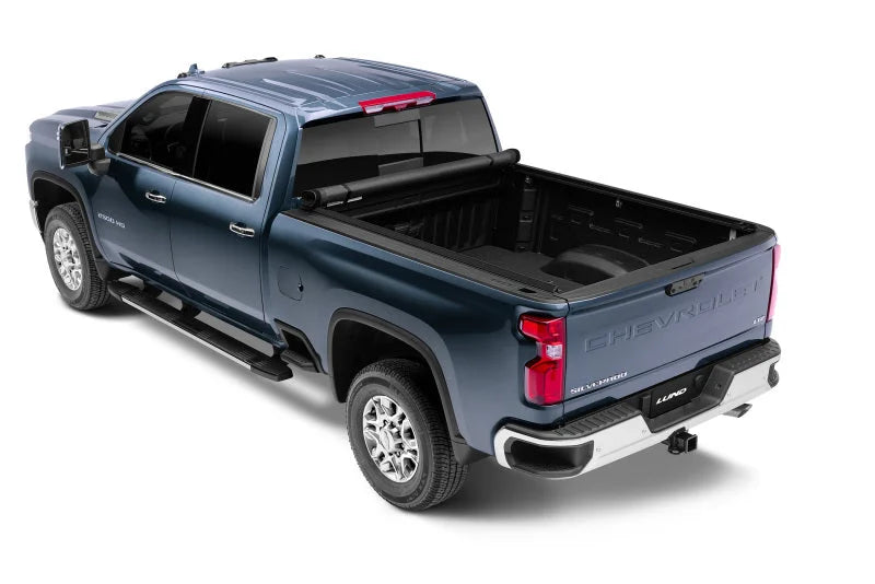 Lund 07-17 Chevy Silverado 1500 (8ft. Bed) Genesis Elite Roll Up Tonneau Cover - Black - Side View