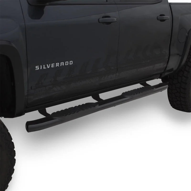 Lund 2019 Chevrolet Silverado 1500 Crew Cab 5in Oval Curved Steel Nerf Bars - Black - Installation View