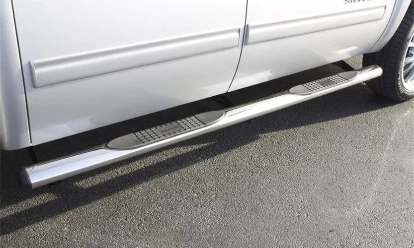 Lund 15-18 Ford F-150 SuperCrew 4in. Oval Straight SS Nerf Bars - Polished - Back View
