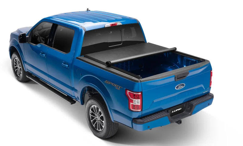 Lund 99-07 Ford F250/F350/F450 Super Duty (8ft bed) Genesis Roll Up Tonneau Cover - Black - Installation View