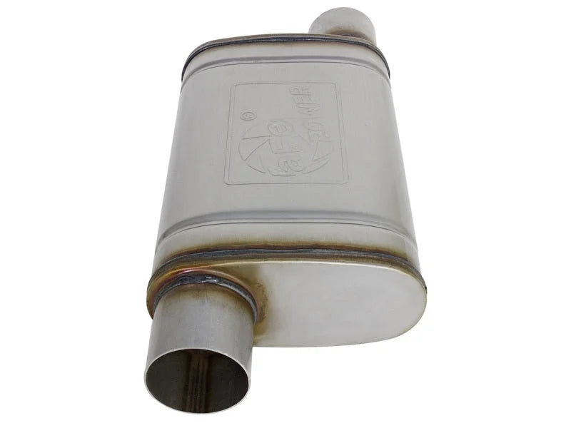 MACH Force-Xp 409 SS Muffler 3in ID Offset/Offset x 4in H x 9in W x 14in L - Oval Body - Side View
