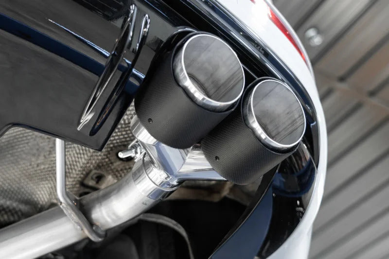 MBRP 14-17 Audi SQ5 3.0T Dual Rear Exit Axle Back w/ Quad Carbon Fiber Tips - T304 - Back View
