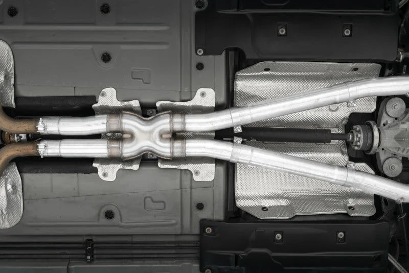 MBRP 15-16 Dodge Challenger 5.7L HEMI SS 3in Quad Split Rear Exit w/ Carbon Fiber Tips - T304 - Side View