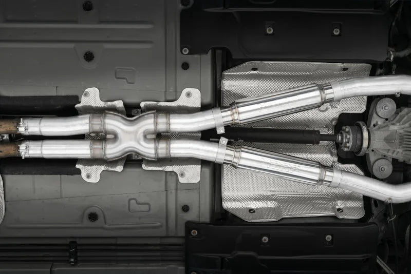 MBRP 15-16 Dodge Challenger RT 5.7L T304 SS 3in Dual Rear Cat-back CF Quad Tips - Street - Side View