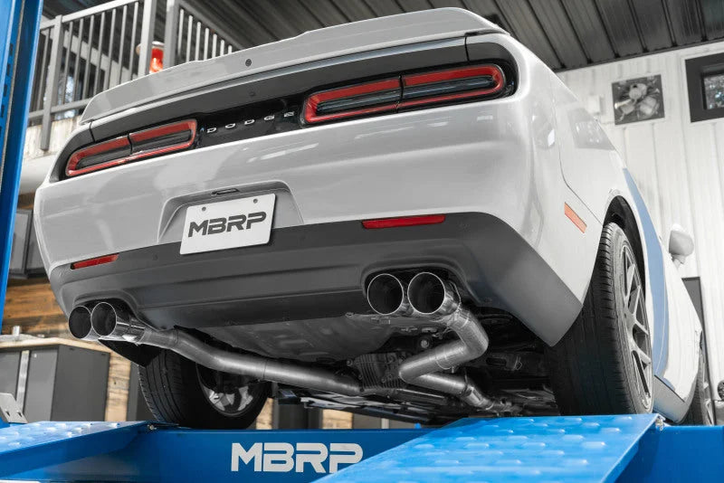 MBRP 15-16 Dodge Challenger RT 5.7L T304 SS 3in Dual Rear Cat-back CF Quad Tips - Street - Installation View