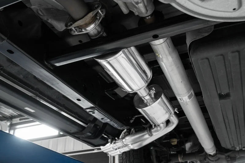 MBRP 15-20 Ford F150 Pre-Axle 4in OD Tips Dual Outlet 3in Black Coated Cat Back Exhaust - Side View