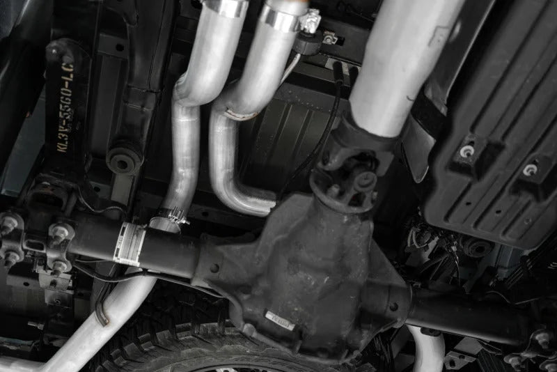 MBRP 17-20 Ford F-150 Raptor 3.5L Ecoboost Dual Rear Exit T409 3in Resonater Back Exhaust System - Installation View