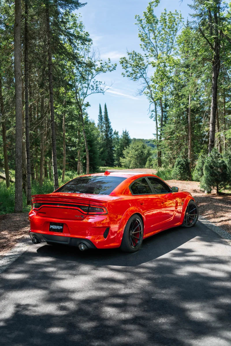 MBRP 17-21 Charger 5.7L/6.2L/6.4L 3in Race Profile Cat-Back w/Dual Carbon Fiber Tips T304 SS Exhaust - Back View