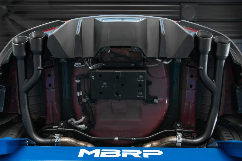 MBRP 18-20 Ford Mustang GT 2.5in Black Coated Non Active Dual Axle Back Exhaust - 4in Dual Wall Tips - Back View