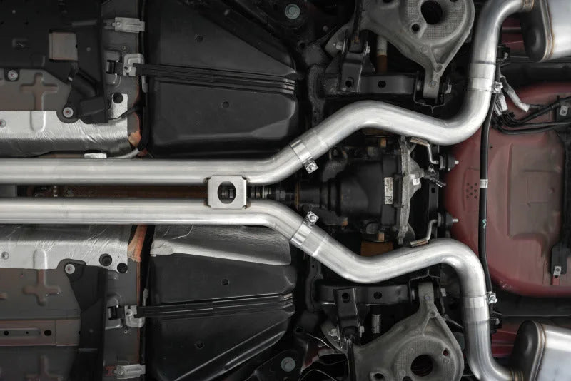 MBRP 18-20 Ford Mustang GT 5.0 w/ Quad Tip Active Exhaust Cat Back Split Rear T304 w/ Carb Fib Tips - Side View
