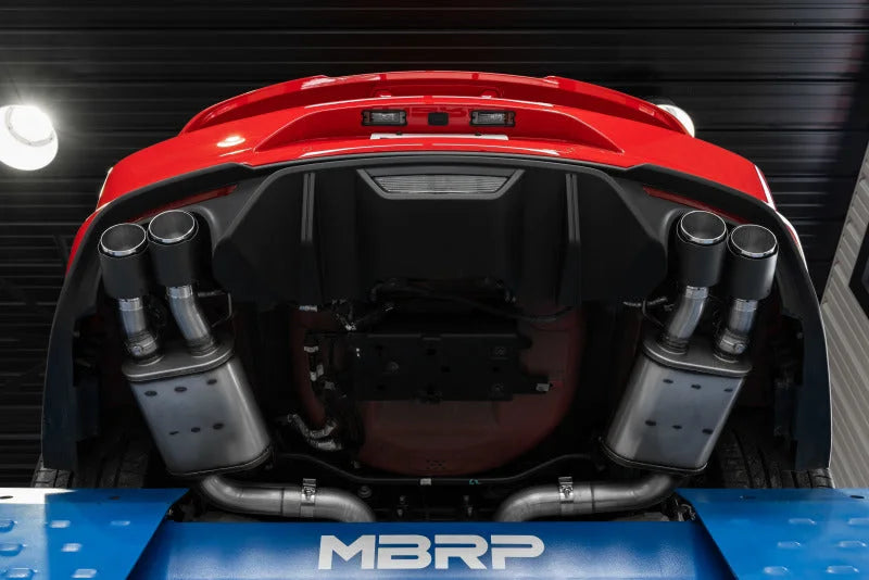 MBRP 18-20 Ford Mustang GT 5.0 w/ Quad Tip Active Exhaust Cat Back Split Rear T304 w/ Carb Fib Tips - Installation View
