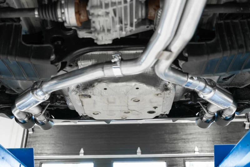 MBRP 18-21 Audi S5 Coupe/S4 Sedan T304 SS 2.5in Cat-Back Quad Rear Exit Exhaust - SS Tips - Side View