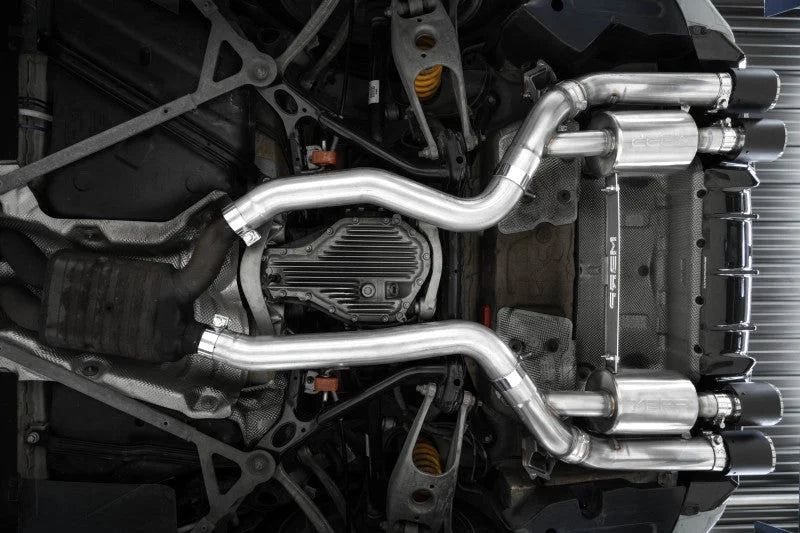 MBRP 18-22 BMW M2 Competition 3.0L T304 SS 3in Resonator-Back Exhaust Quad Rear w/ Carbon Fiber Tips - Side View