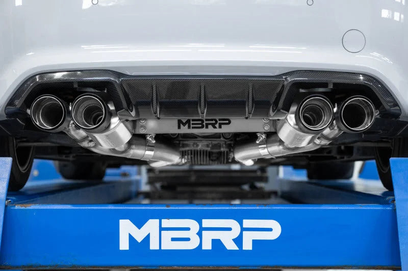 MBRP 18-22 BMW M2 Competition 3.0L T304 SS 3in Resonator-Back Exhaust Quad Rear w/ Carbon Fiber Tips - Back View
