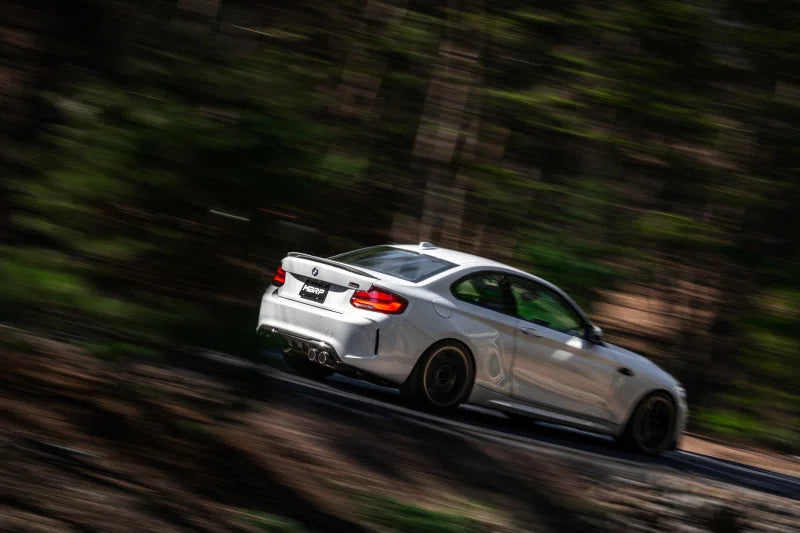 MBRP 18-22 BMW M2 Competition 3.0L T304 SS 3in Resonator-Back Exhaust Quad Rear w/ Carbon Fiber Tips - Installation View