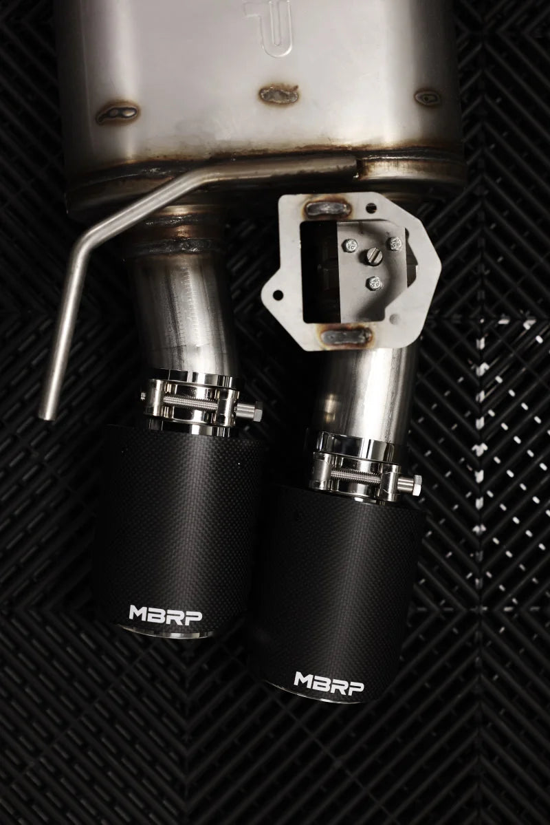 MBRP 18-22 Ford Mustang 2.3L Ecoboost 3in Cat-Back Exhaust w/ Quad Carbon Fiber SS Tips - T304 - Back View