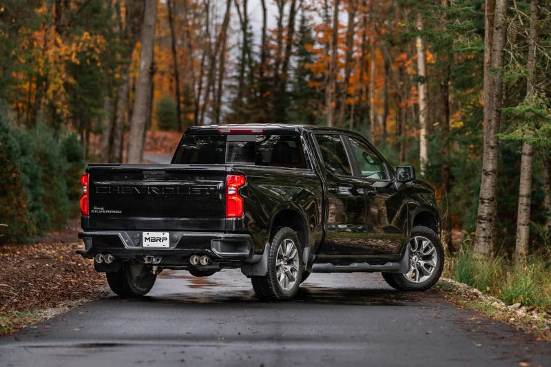 MBRP 19-21 Chevy Silverado 1500 6.2L 2.5in Dual Split Rear Cat Back w/ Quad Carbon Fiber Tips- T304 - Installation View