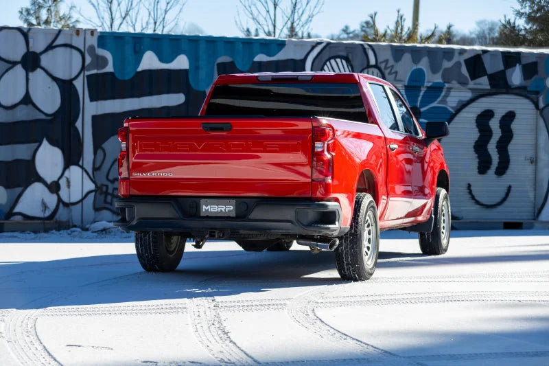 MBRP 19-24 GM 1500 Silverado/Sierra 2.7L Alum. Steel 3 Cat-Back w/ Single Side 4in Single Wall Tip - Installation View