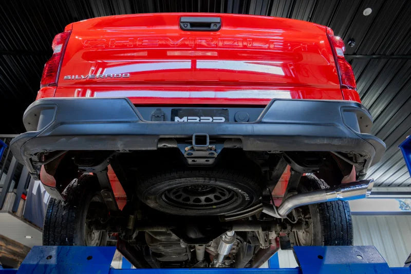 MBRP 19-24 GM 1500 Silverado/Sierra 2.7L Blk-Coated Alum. Steel 3in Cat-Back Single Side 4in Blk Tip - Side View