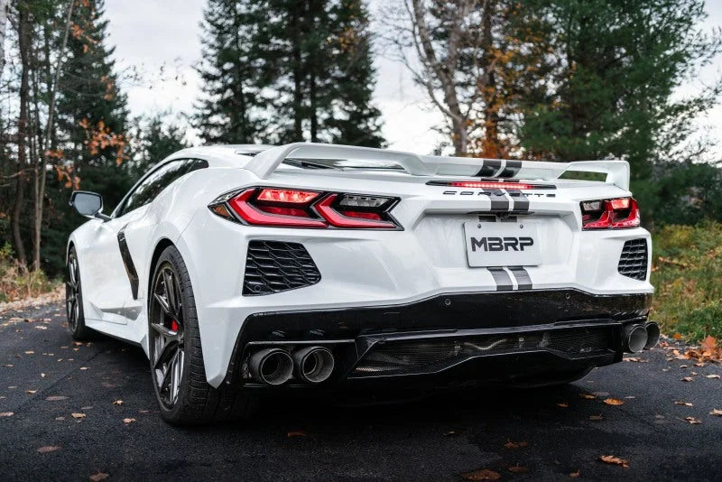 MBRP 20-23 Chevrolet Corvette C8 3in Cat Back Quad Split Rear Exit w/ Carbon Fiber Tips - T304 - Installation View