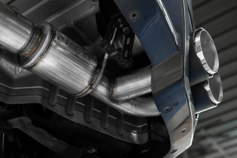 MBRP 2009-2023 Nissan GTR 3.8L Stainless Steel 3.5in Cat-Back, Dual Split Rear Quad Carbon Tips - Side View