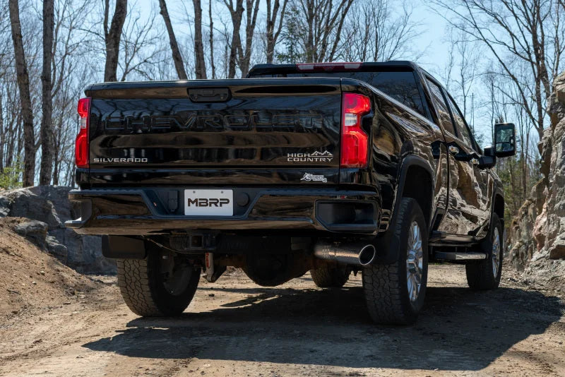 MBRP 2020+ GMC/Chevy 2500/3500 6.6L Duramax 4in Mand Bent Tubing Pro-Ser Cat Back Single Side - 304 - Installation View