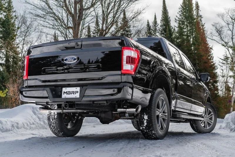 MBRP 2021+ Ford F150 2.7L/3.5L/5.0L 3in Aluminized Steel Cat-Back 2.5in Dual Split Side Exhaust - Installation View