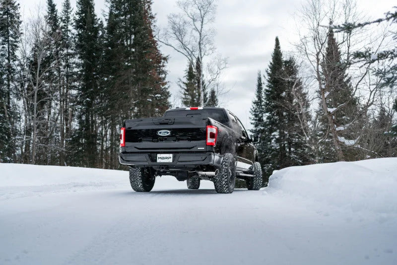 MBRP 2021+ Ford F150 2.7L/3.5L/5.0L 4in T304 Stainless Steel Cat-Back - RACE VERSION - Installation View