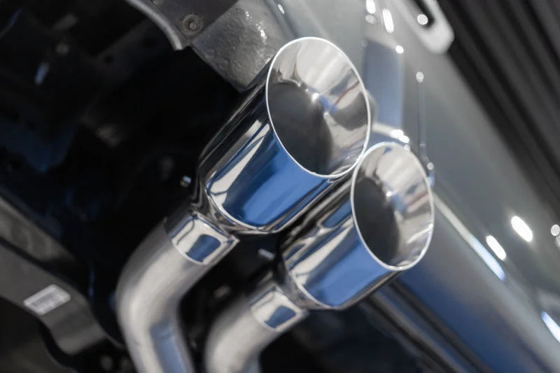 MBRP 2021+ Ford F150 Aluminized Dual Pre-Axle (Street Profile) 2.5in OD Tips 3in Cat Back Exhaust - Back View