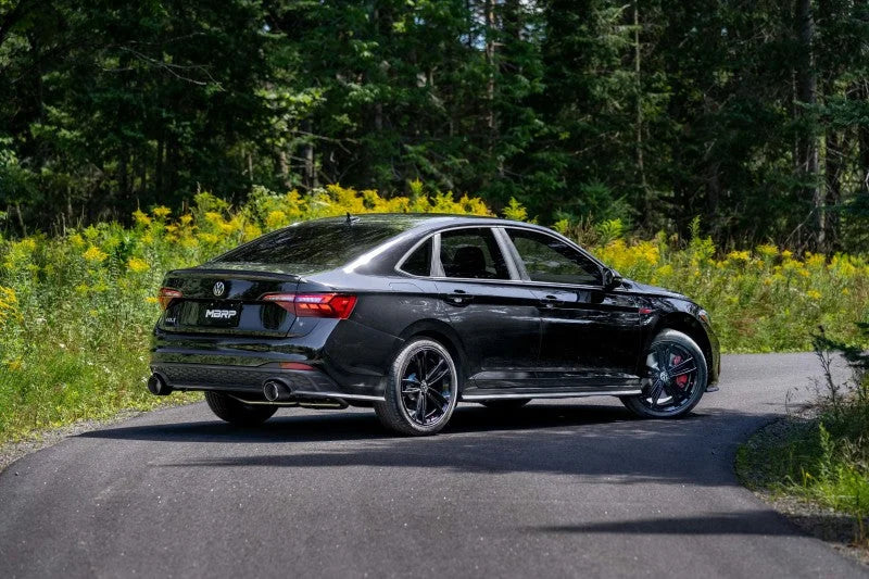 MBRP 2022 VW Jetta GLI 2.0 TSI 3in Cat Back T304 SS 2.5in Dual Split Rear w/ Carbon Fiber Tips - Installation View