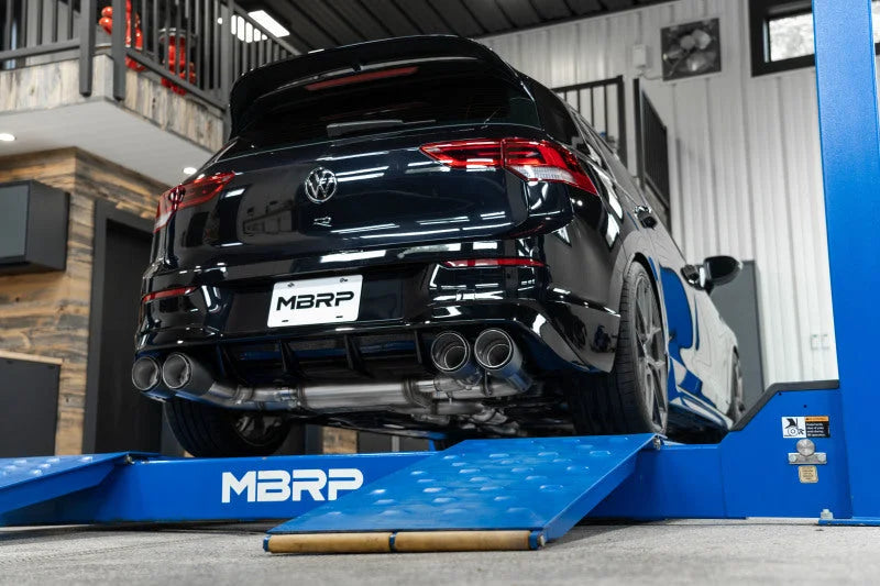 MBRP 2022 Volkswagen Golf R MK8 T304 Stainless Steel 3in Cat-Back, Quad Rear Exit- Carbon Fiber Tip - Back View