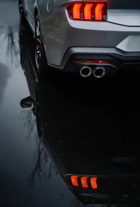 MBRP 2024+ Ford Mustang 5.0L Alum. SS 3in Cat-Back Dual Split Exhaust w/ Quad Tips (Valve Delete) - Back View