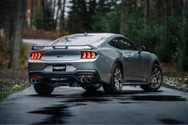 MBRP 2024+ Ford Mustang 5.0L Blk Alum. SS 3in Cat-Back Exhaust w/ Quad Blk Tips (Valve Delete) - Side View